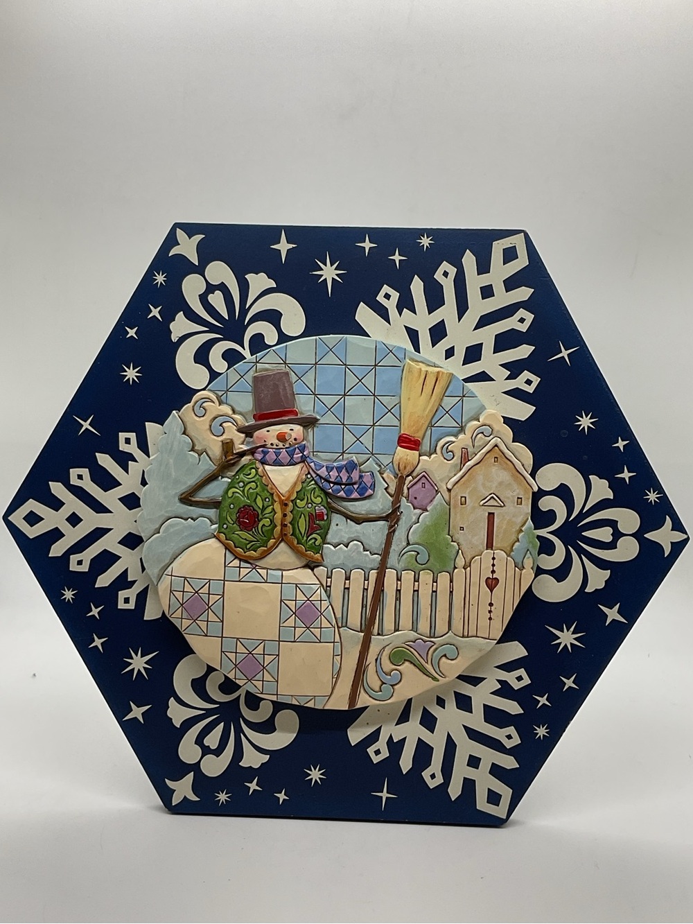 Jim Shore Wintry Wonderland Navy Hex Snowman Plaque